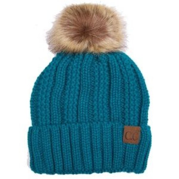 C.C Knitted Fuzzy Lining Beanie Hat with Pom - Picture 1 of 1